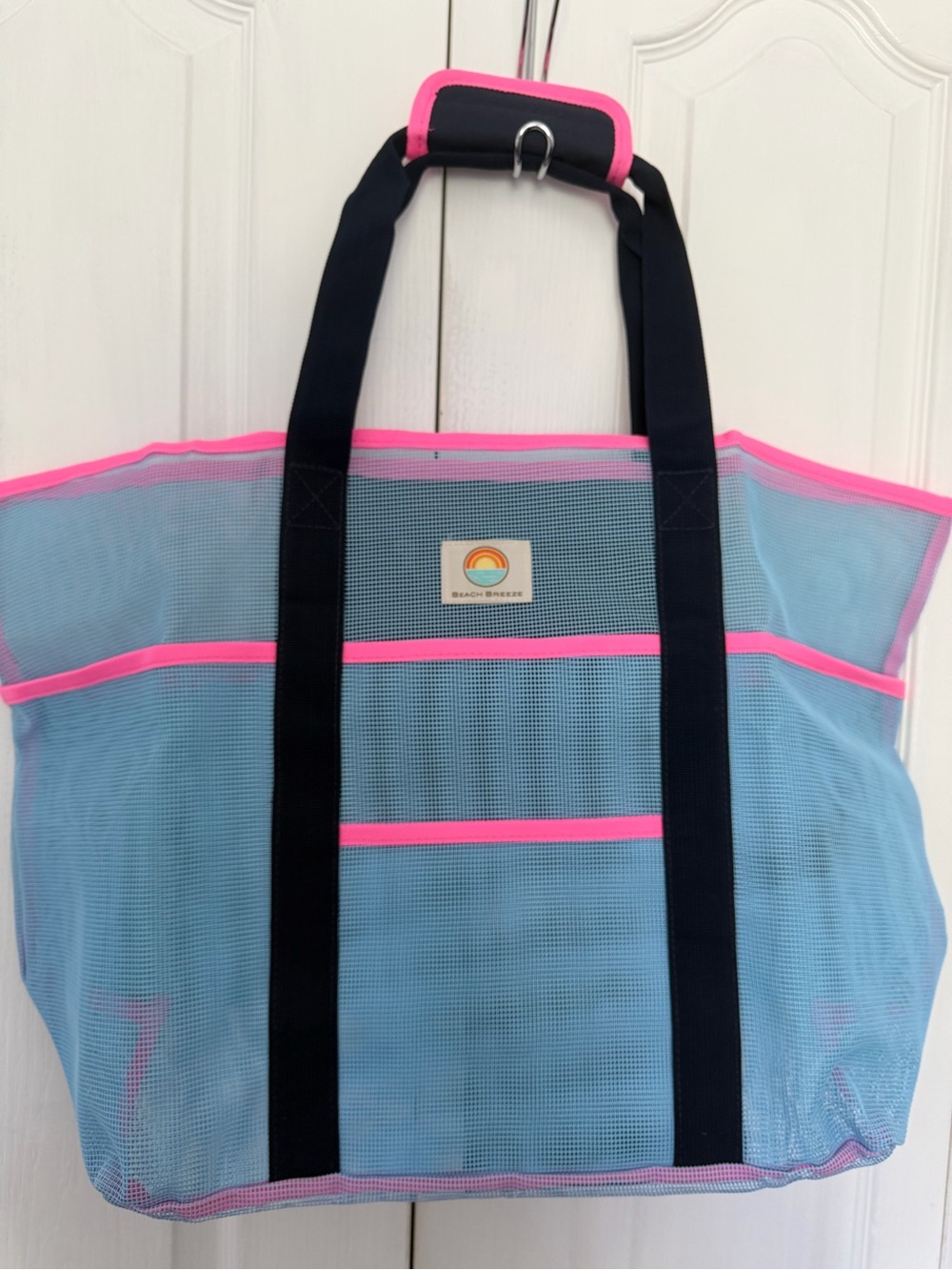 Mesh Tote Bag in Light Blue with Pink Trim